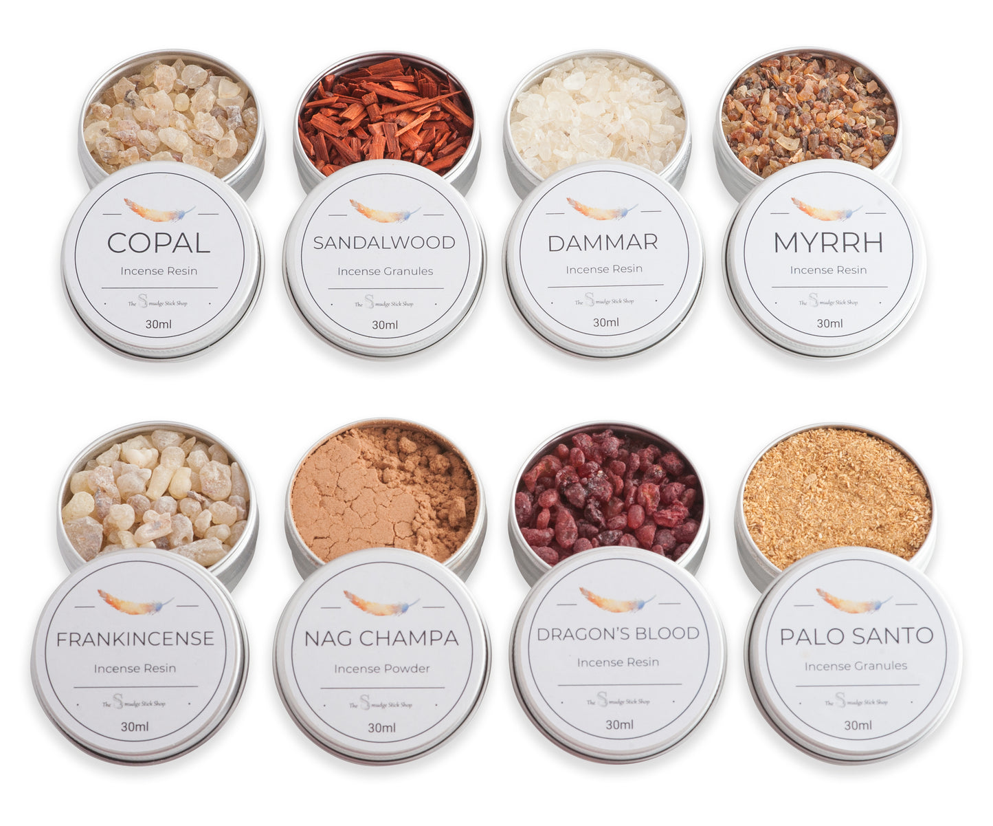 The full Incense collection...Frankincense, Myrrh, Copal, Nag Champa, Sandalwood, Dammar, Dragon's Blood and Palo Santo 30ml tins