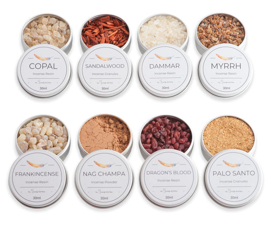 The full Incense collection...Frankincense, Myrrh, Copal, Nag Champa, Sandalwood, Dammar, Dragon's Blood and Palo Santo 30ml tins