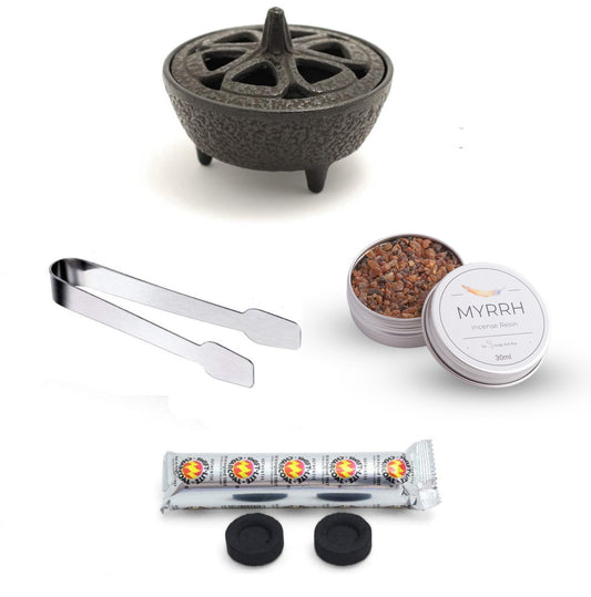 Cast Iron Incense Burner Kit with 30ml Myrrh Resin