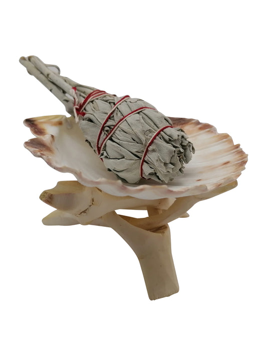 Californian White Sage Smudge Stick with Scallop Shell and Wooden Tripod Stand